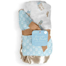 Reversible baby blanket by Jujube in Howdy Partner Blue, featuring a blue side with horseshoes and a white side with cacti and cowboys.