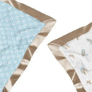 Reversible baby blanket featuring a blue side with white horseshoe patterns and a soft white side with cowboy boots and cacti designs, edged in tan satin.