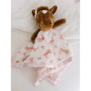 Jujube security blanket featuring a plush horse head with a floral accent and a patterned blanket with pink cowboy boots.