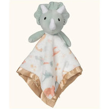 Security blanket featuring a soft gray dinosaur head and a plush, patterned, cream-colored body with satin edges.