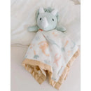 Security blanket featuring a soft, blue dinosaur head and a patterned fabric with pastel colors and dinosaur designs.