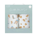 Swaddle blanket set featuring two designs: one with cowboy boots and cacti, and the other with beige spots. Each blanket measures 44x44 inches.