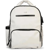 Classic Backpack from JuJuBe x Witney Carson in white with black accents, featuring multiple zippered compartments.
