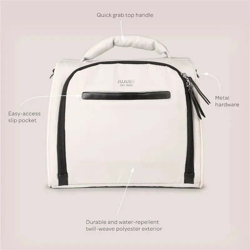 Insulated bottle bag by Jujube in cloud color with quick grab handle, easy-access slip pocket, and durable polyester exterior.