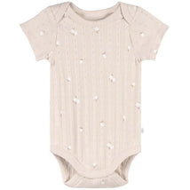Neutral brown short-sleeve baby bodysuit with textured stripes and white flower prints. Ideal for infants.