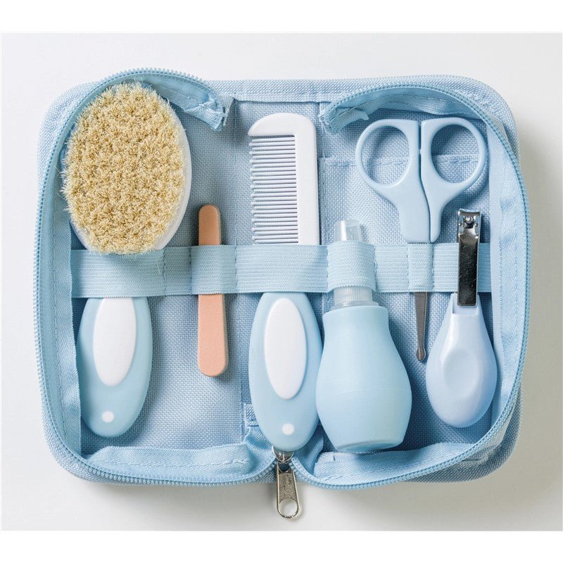 Blue Kalencom Baby Grooming Kit featuring a brush, comb, scissors, nail clippers, and a spray bottle, all in a zippered case.