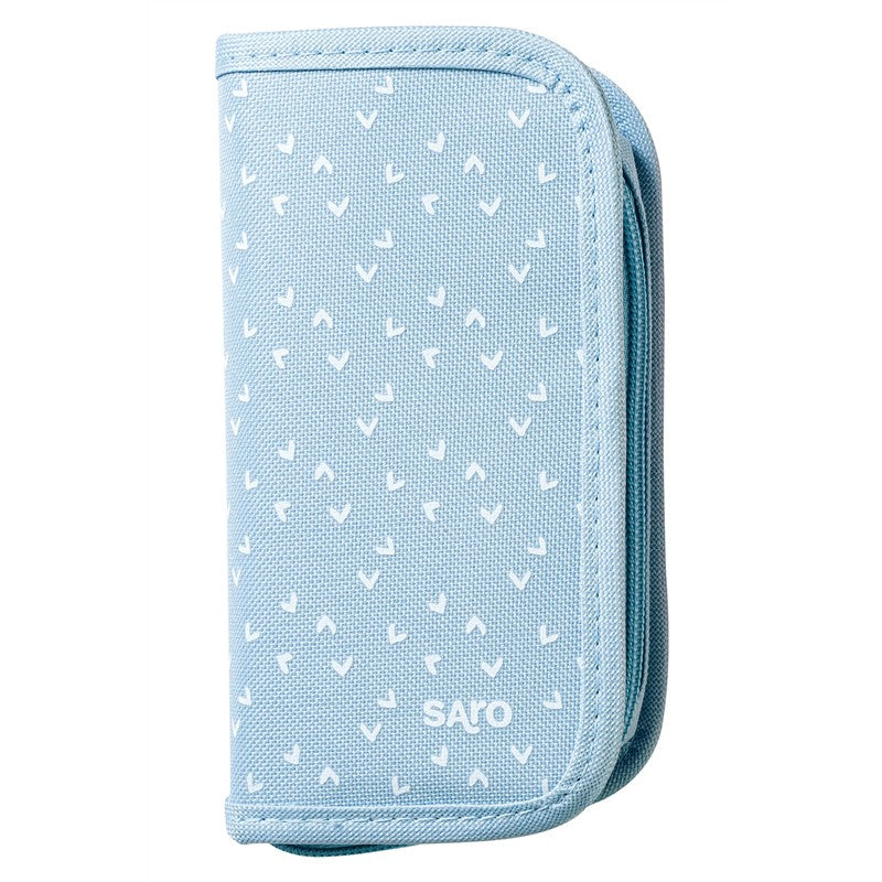 Kalencom Baby Grooming Kit in blue fabric with white arrow patterns, featuring a zippered closure and logo.