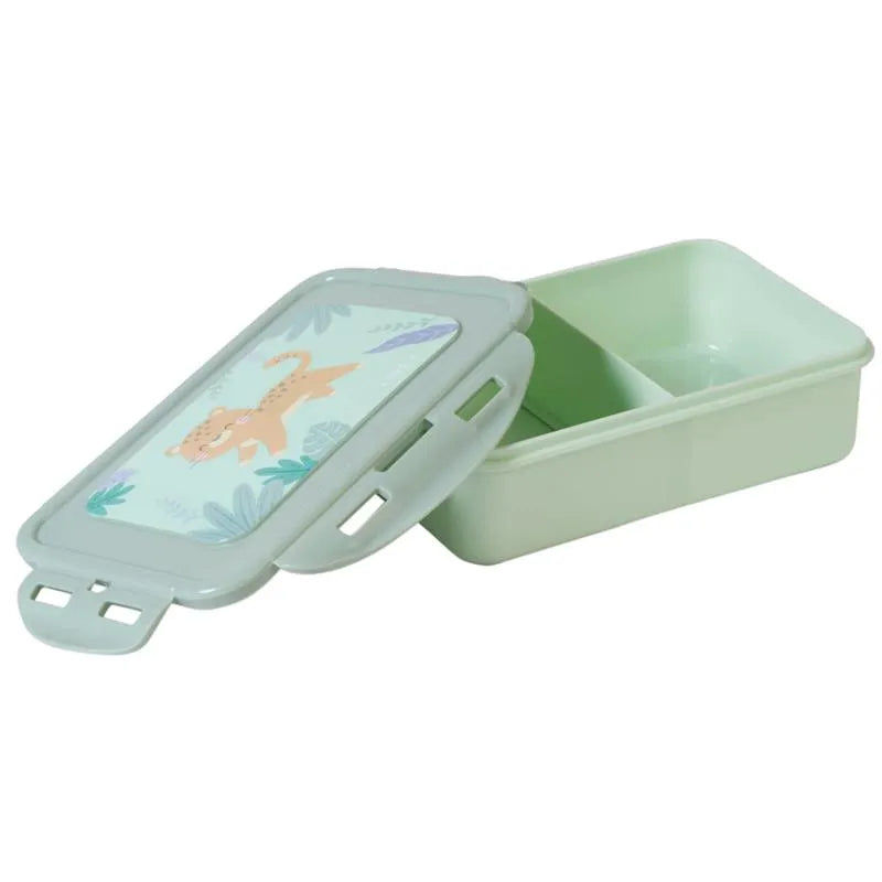 Kalencom large lunch box featuring a lid with a jungle cheetah design and a divided interior in light green.