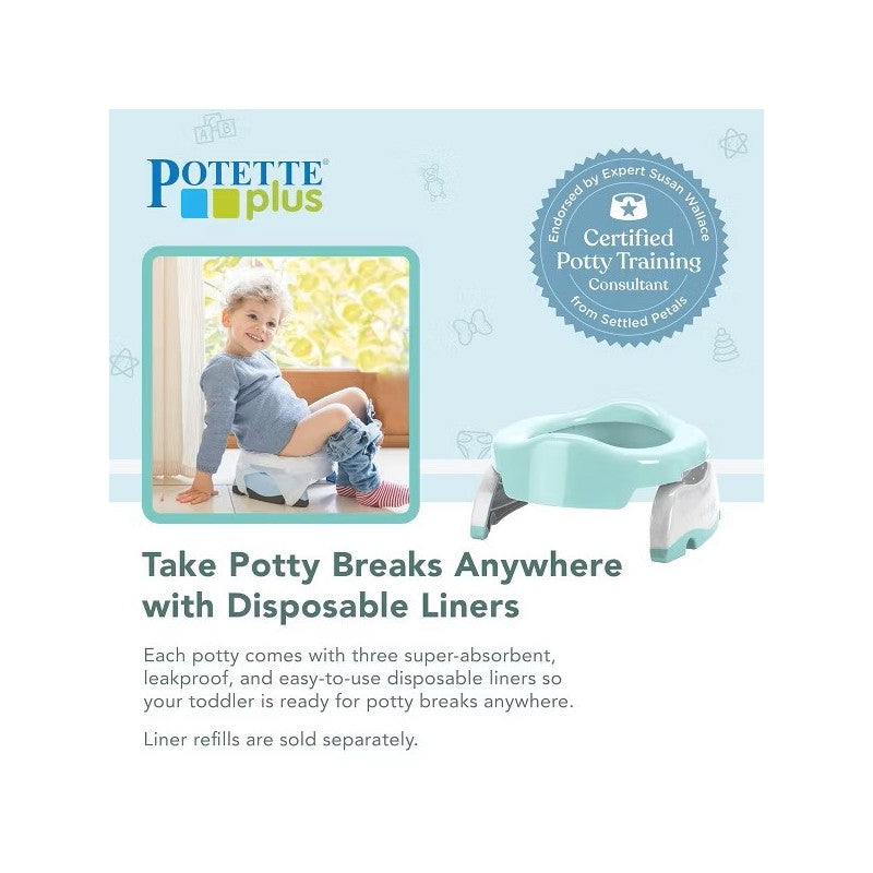 Kalencom Potette Plus 2-in-1 Portable Potty Trainer Seat in mint color, next to a cheerful toddler sitting on it.