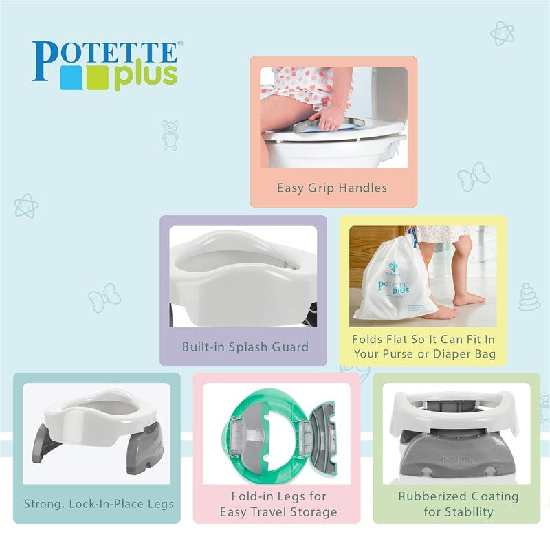 Portable potty trainer seat with easy grip handles, splash guard, fold-in legs, and rubberized coating for stability.
