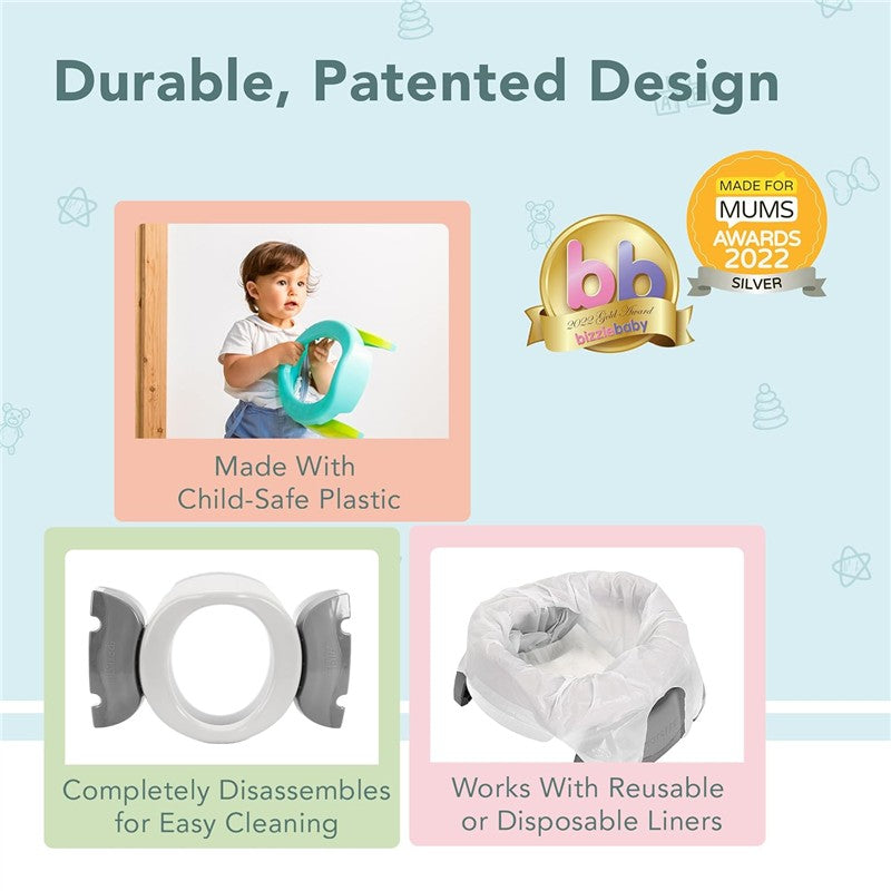 Kalencom Potette Plus 2-In-1 Portable Potty Trainer Seat, featuring child-safe plastic and disassemblable parts for cleaning.