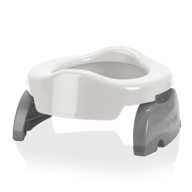 Kalencom Potette Plus 2-In-1 Portable Potty Trainer Seat in white and gray, designed for travel and potty training.