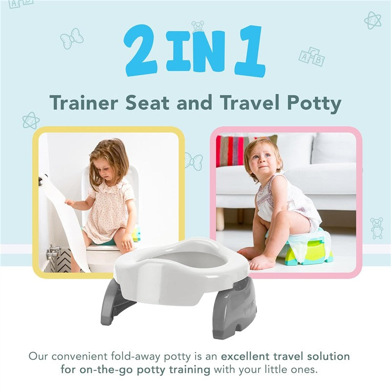 Kalencom Potette Plus 2-in-1 potty trainer seat in white, with children using it as a travel potty and trainer seat.