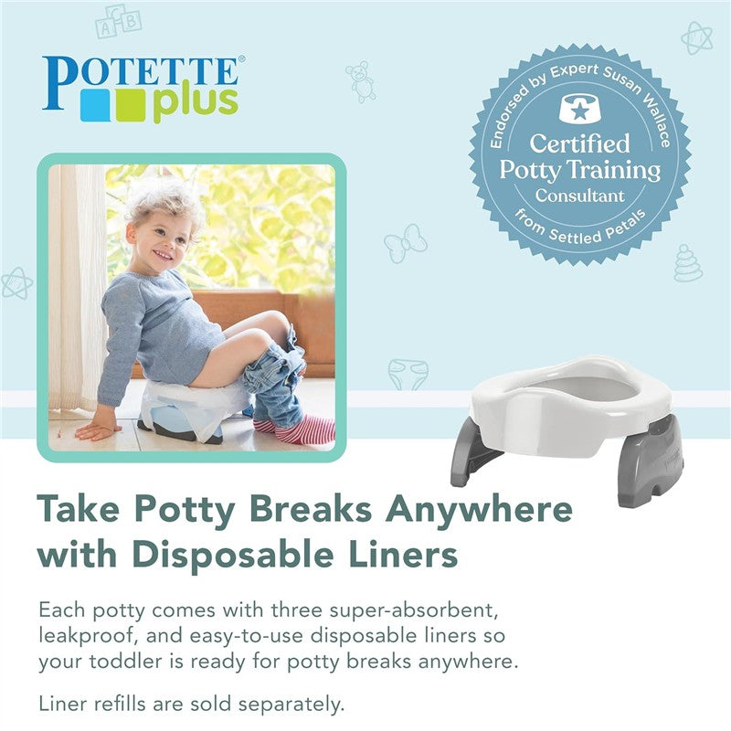 Kalencom Potette Plus 2-In-1 Portable Potty Trainer Seat in white, with a child sitting on it and instructions for use.