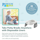 Kalencom Potette Plus 2-In-1 Portable Potty Trainer Seat in white, with a child sitting on it and instructions for use.