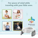 Kalencom Potette Plus portable potty trainer seat displayed with children using it in various settings; emphasizes travel convenience.