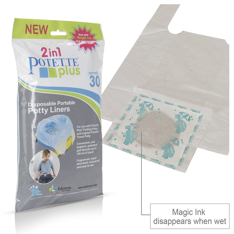 Kalencom Potette Plus Potty Liners 30-pack, featuring disposable, absorbent liners designed for portable potty use, with magic ink indicator.