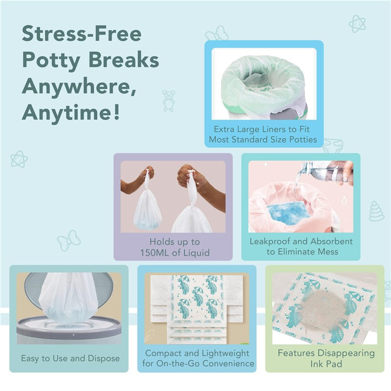 Kalencom Potette Plus Potty Liners 30 Pack, featuring leakproof liners that hold 150ML, highlight convenience for on-the-go potty breaks.