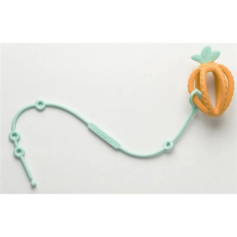 Silicone catch-all rope in mint color featuring a soft orange holder shaped like a fruit with a leaf on top.
