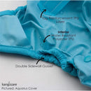 Kanga Care Rumparooz cloth diaper cover in turquoise featuring interior water-resistant TPU and double sidewall gusset.