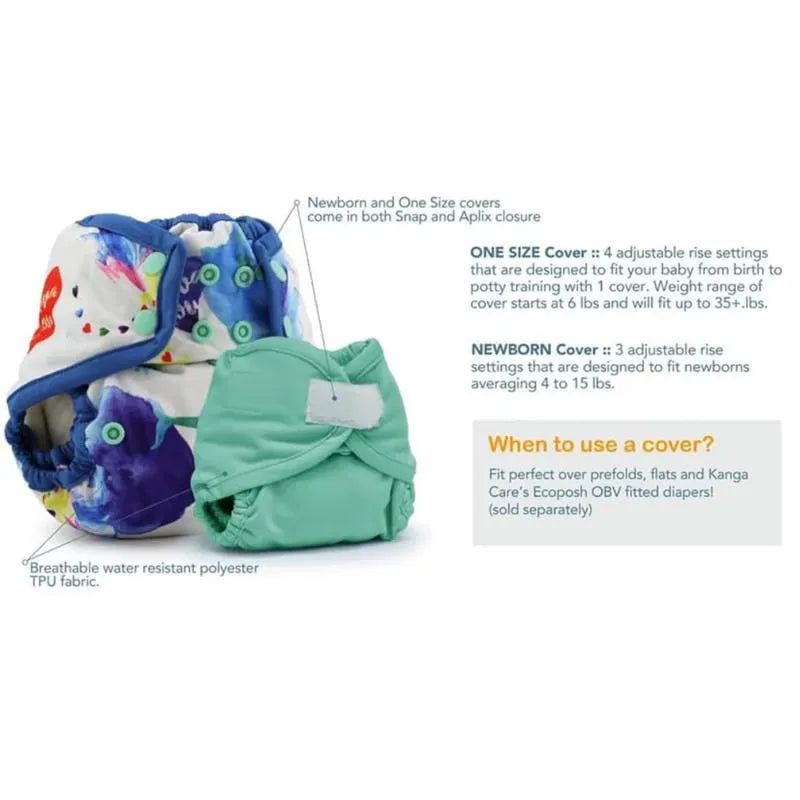 Kanga Care Rumparooz One Size Cloth Diaper Covers in Clover and a Newborn cover, highlighting adjustable rise settings for different sizes.