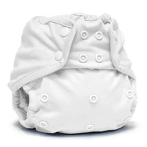 Kanga Care Rumparooz one-size cloth diaper cover in white, featuring adjustable snap closures and elastic leg openings.