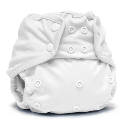 Kanga Care Rumparooz one-size cloth diaper cover in white, featuring adjustable snap closures and elastic leg openings.