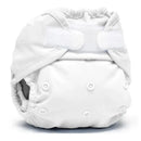 One Size Rumparooz Cloth Diaper Cover in white, featuring a velcro closure and snap buttons for adjustability.