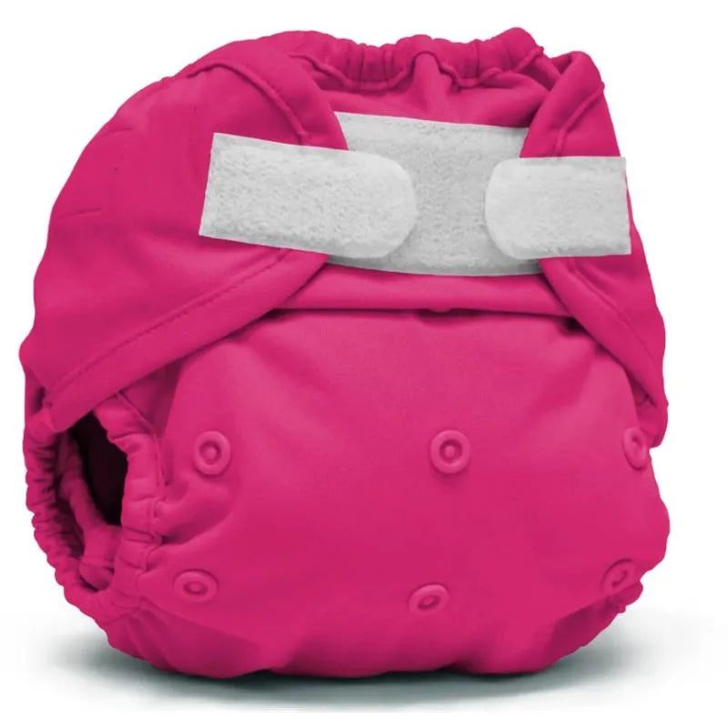 Kanga Care Rumparooz One Size Cloth Diaper Cover in bright pink, featuring Velcro closure and snap buttons.