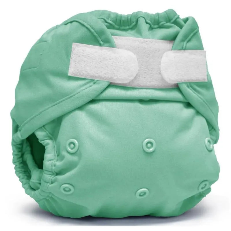 Kanga Care Rumparooz one size cloth diaper cover in a mint green color with velcro closure and snap buttons.