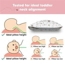 Pillow design diagram showing ideal toddler neck alignment, with graphics indicating proper and improper pillow heights.