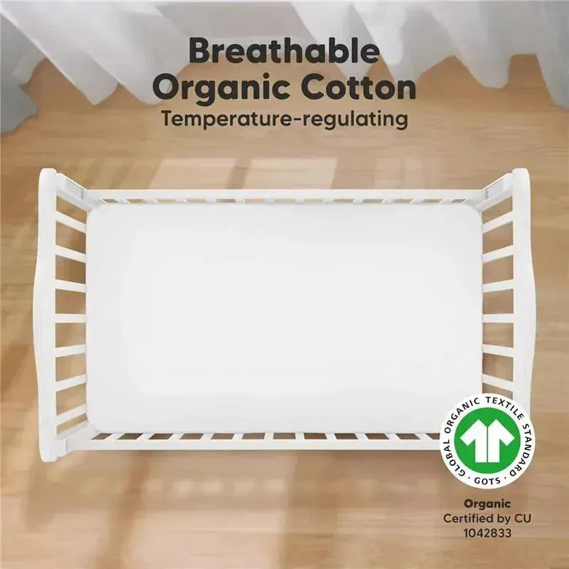 Organic cotton fitted crib sheet in soft white, highlighting breathable and temperature-regulating features with certification logo.