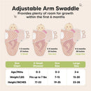 Adjustable arm swaddle size chart for Keababies 3-pack sleep sacks, showing fit for newborns 0-6 months.
