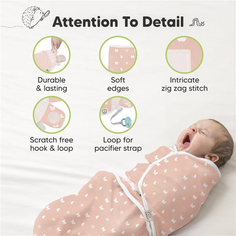 Keababies 3Pk Soothe Baby Swaddles in pink butterfly design, highlighting soft edges, durable materials, and pacifier strap loop.