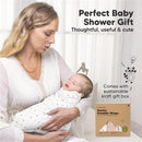 Keababies 3Pk Soothe Baby Swaddles in a kraft gift box, with a mother holding a smiling newborn swaddled in a patterned wrap.