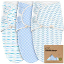 Three blue patterned swaddles from Keababies, designed for soothing newborns, displayed with packaging.