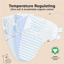 Three baby swaddles in blue patterns made of organic cotton, labeled as temperature regulating and soft for newborns.