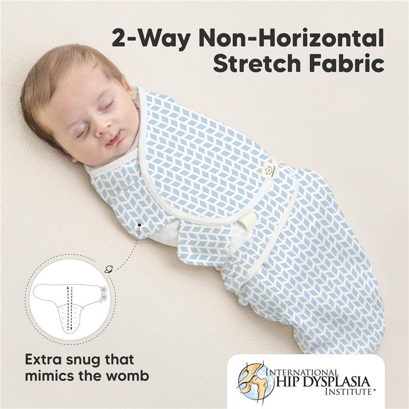3-pack of Keababies swaddles featuring a blue geometric pattern, designed to mimic the womb for newborns.
