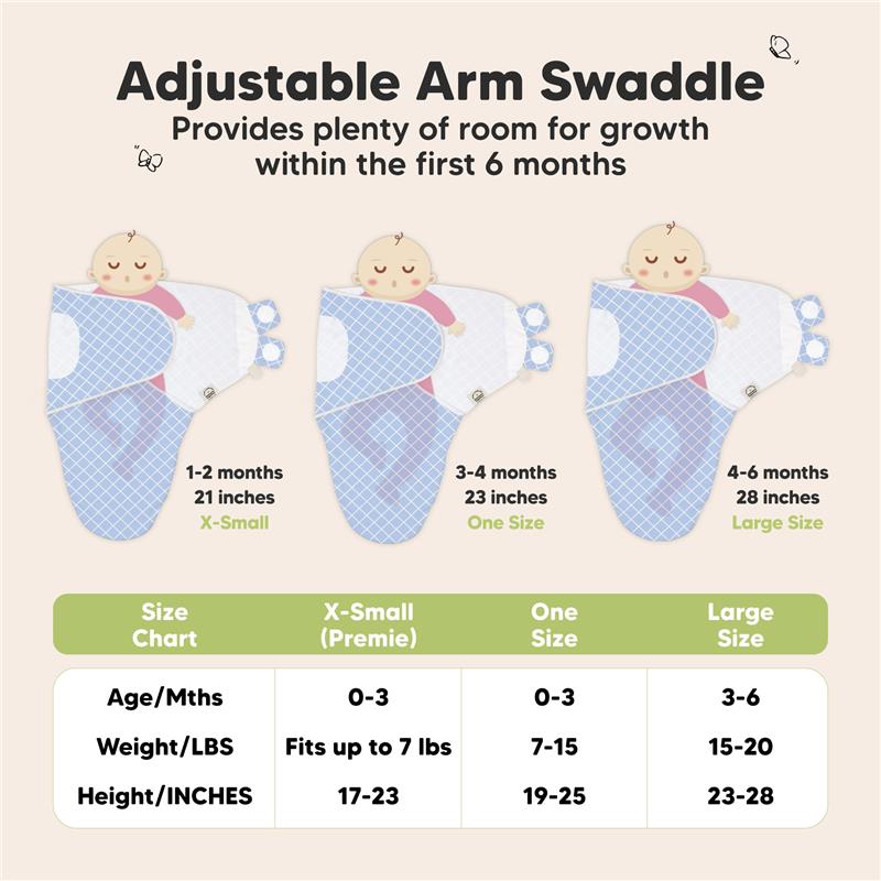Three baby swaddles with adjustable arm designs, featuring size charts for newborns up to 6 months.