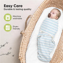 Newborn baby swaddled in a blue-patterned Keababies sleep sack, resting in a wicker basket, with easy care icons nearby.