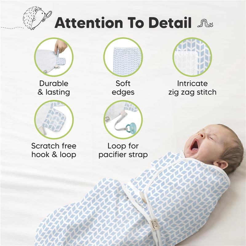 Three Keababies swaddles in blue geometric patterns are shown, featuring soft edges, a hook-and-loop strap, and a pacifier loop, with a visibly yawning newborn.
