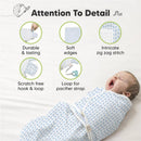 Three Keababies swaddles in blue geometric patterns are shown, featuring soft edges, a hook-and-loop strap, and a pacifier loop, with a visibly yawning newborn.