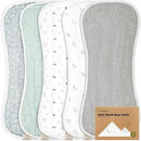 Five soft burp cloths in pastel colors with various patterns, packaged together for baby care.