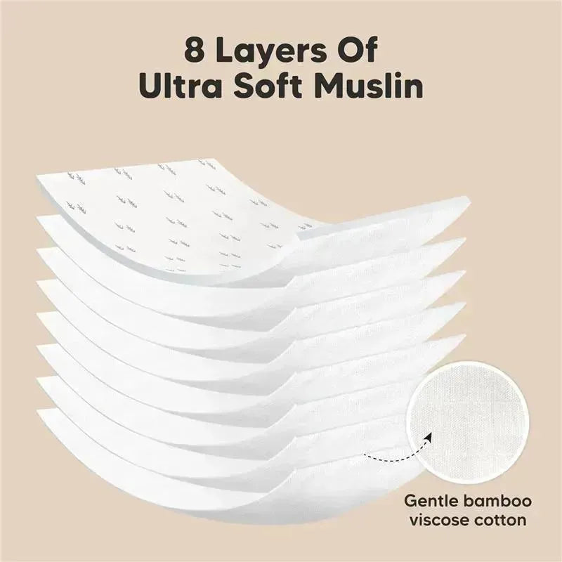 Five soft burp cloths stacked, showcasing eight layers of ultra-soft muslin with a detail about gentle bamboo viscose cotton.