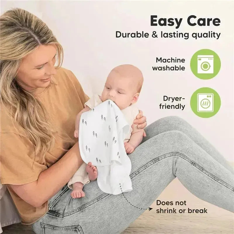 Softe burp cloths in use by a woman with a baby, showcasing easy care features like machine washability and dryer-friendly quality.