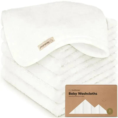6-pack of white baby wash cloths from Keababies, stacked with a labeled packaging displaying the product name.