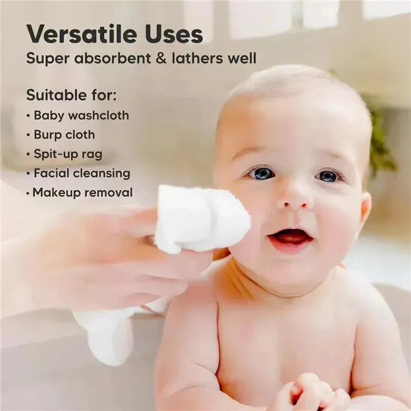 Baby smiling in a bath while a hand holds a white washcloth, with text highlighting its versatile uses.