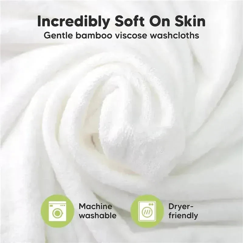 White bamboo viscose baby washcloths, soft on skin, machine washable, and dryer-friendly, arranged in a spiral.