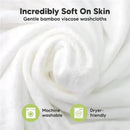 White bamboo viscose baby washcloths, soft on skin, machine washable, and dryer-friendly, arranged in a spiral.