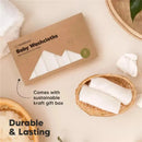 Keababies 6-pack baby washcloths in a kraft gift box with soft, white cloths displayed in a basket, emphasizing durability.